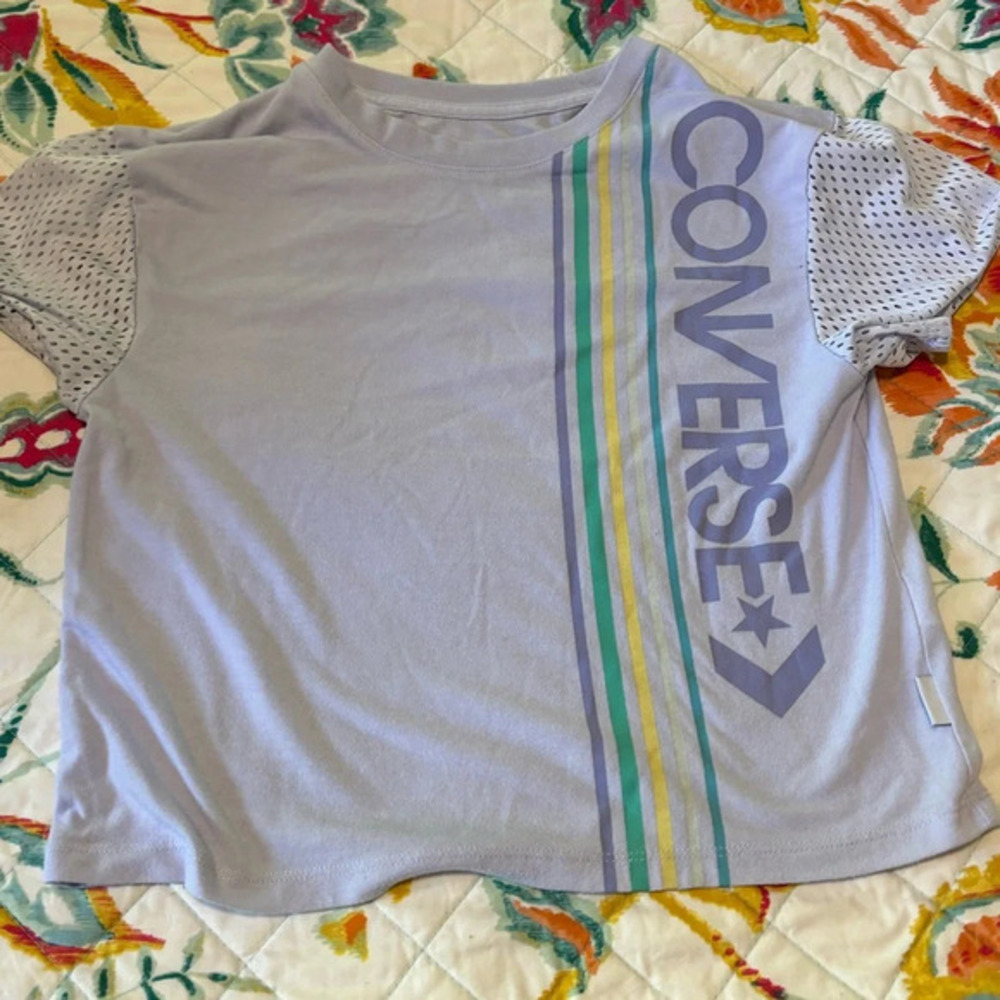 Converse Junior Girls Sz 10/12 Crop Top, White With Print, Mesh Sleeves